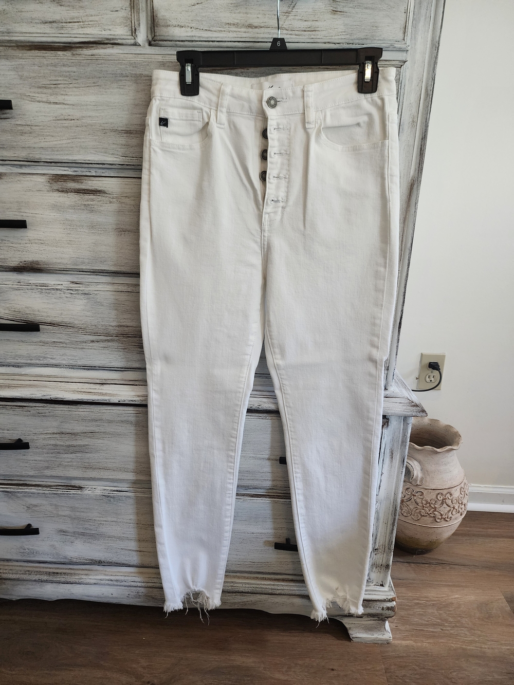 KanCan White High-Rise Button-Fly Jeans with Frayed Hem
